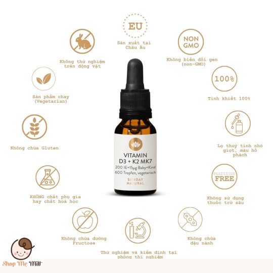 Sunday Natural Vitamin D3 K2 MK7 200IE Hỗ Trợ Tăng Chiều Cao, Chống Còi Xương 20 ml