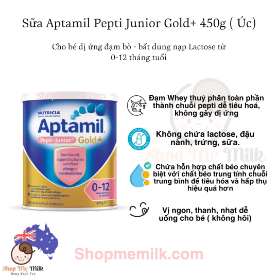 Sữa Aptamil Pepti Junior Gold+ Úc 450G cho bé dị ứng đạm bò & dị ứng trứng ( Free lactose)