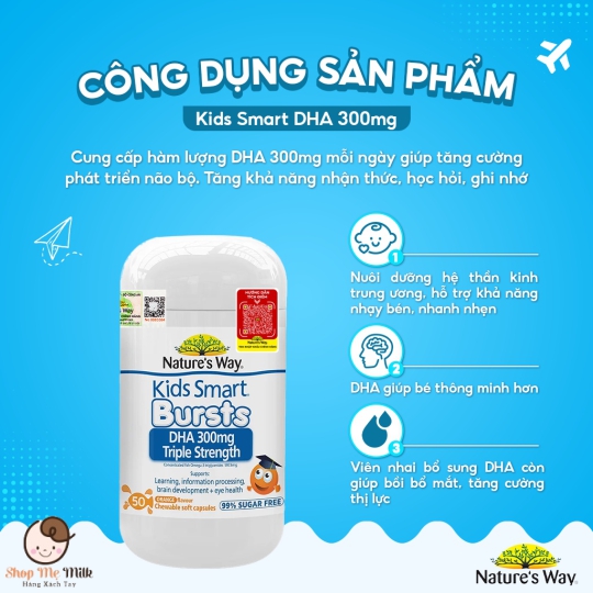 DHA Nature's Way Kids Smart Bursts 300mg Úc Dạng Nhai vị cam bé từ 1 tuổi