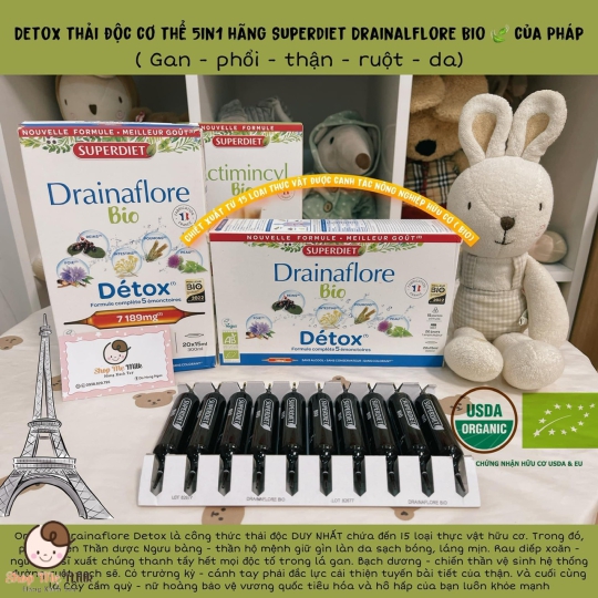 Thải độc chuyên sâu 5 trong 1 Detox Drainaflore BIO Superdiet Hữu cơ ( Chiết xuất thực vật của Pháp Hộp 14 ống)