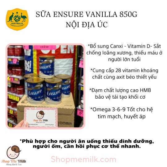 Sữa Ensure Vanilla Úc 850G (Nội địa Úc)