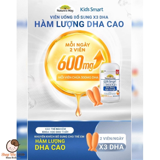 DHA Nature's Way Kids Smart Bursts 300mg Úc Dạng Nhai vị cam bé từ 1 tuổi