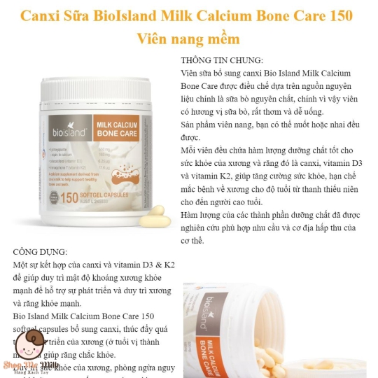 Bio Island Milk Calcium Bone Care - Viên Sữa Bổ Sung Canxi Lọ 150 Viên