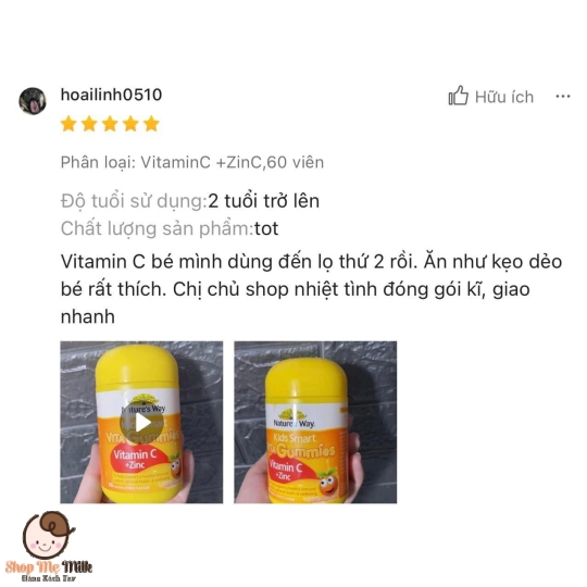 Kẹo Dẻo Nature's way Vitamin C + ZinC bổ sung Vitamin C + kẽm Úc hộp 60viên bé từ 2 tuổi