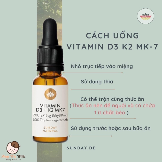 Sunday Natural Vitamin D3 K2 MK7 200IE Hỗ Trợ Tăng Chiều Cao, Chống Còi Xương 20 ml