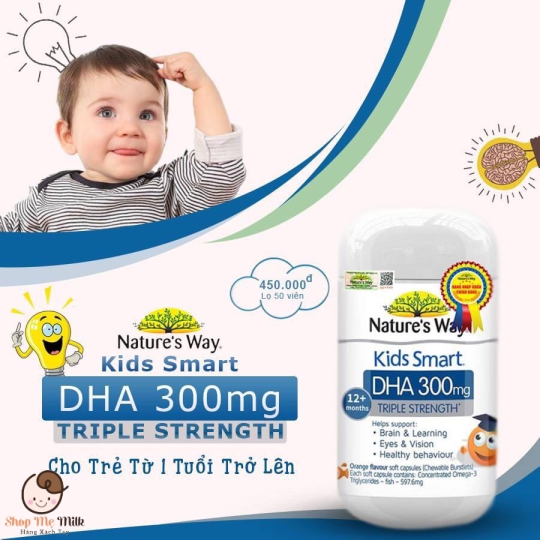 DHA Nature's Way Kids Smart Bursts 300mg Úc Dạng Nhai vị cam bé từ 1 tuổi
