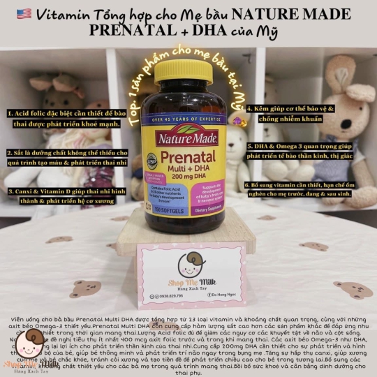 VITAMIN TỔNG HỢP CHO MẸ BẦU NATURE MADE PRENATAL FOLIC ACID + DHA, 150 VIÊN MỸ