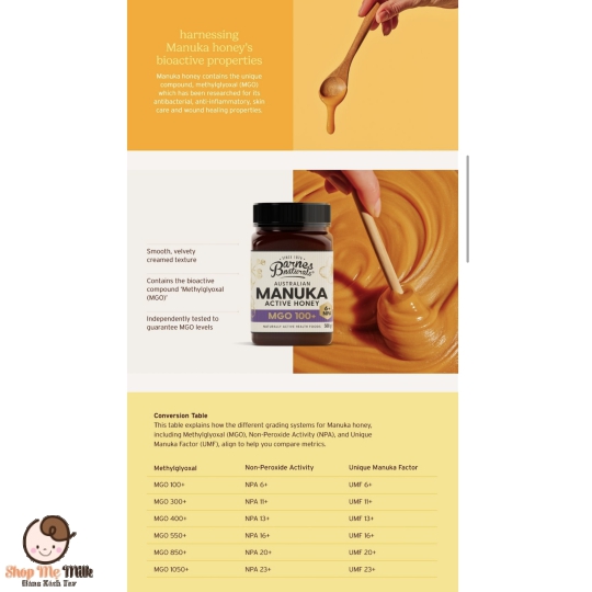 Mật Ong Barnes Naturals Australian Manuka Honey 250G Mgo 100+ nguyên chất 100% thiên nhiên