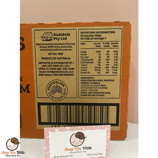 Sữa tươi nguyên chất Nature's Farm high Calcium - Canxi hàm lượng cao của Úc 150ml