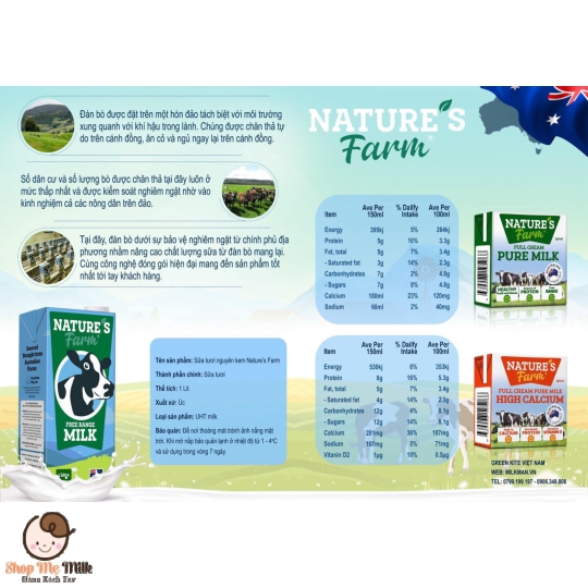 Sữa tươi nguyên chất Nature's Farm high Calcium - Canxi hàm lượng cao của Úc 150ml