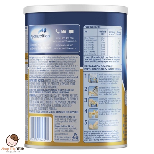 Sữa Aptamil Pepti Junior Gold+ Úc 450G cho bé dị ứng đạm bò & dị ứng trứng ( Free lactose)